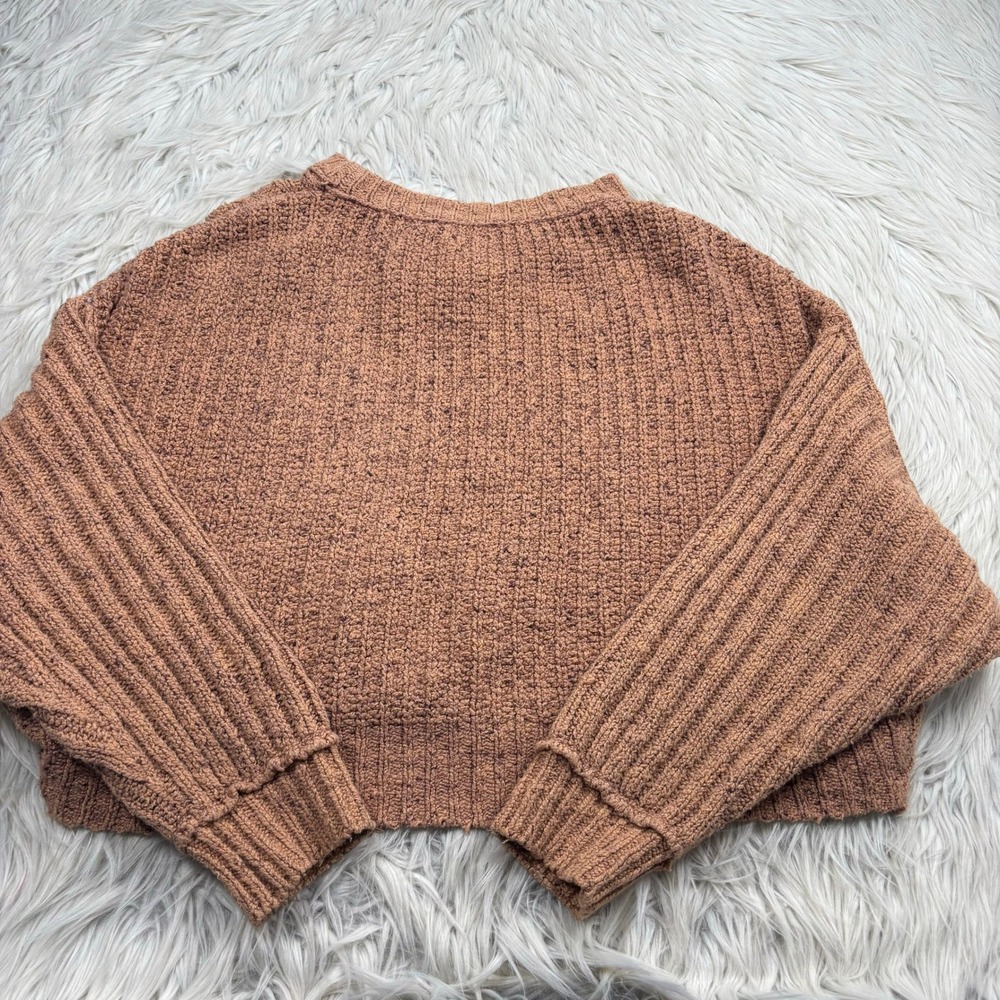 Free People Women's XS Brown On Your Side Cable Knit Crop Sweater Cabincore Boho - Picture 7 of 7
